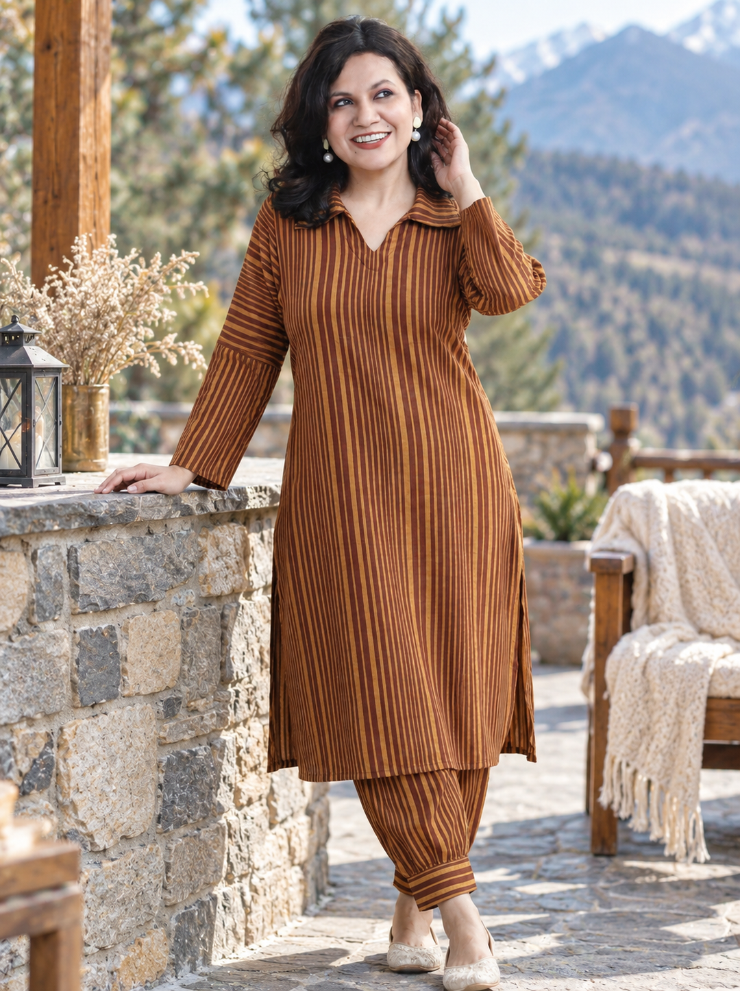 Chehak Burnt Rust Stripe Print Winter Twill Co-ord Set
