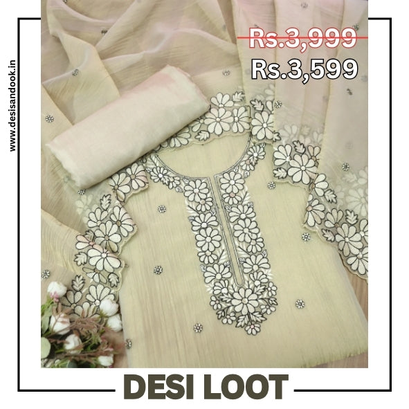 Avinya Buttermilk Beige Thread Embroidered Work in Crinkle Shimmer Tissue Organza Set