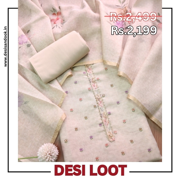 Bareli Sand Beige Digital Floral Printed and Hemline Shimmer Tissue Linen Set