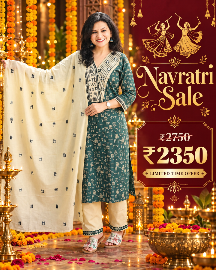 Araha Teal Warli Embroidered with Mirror Cotton 3 Piece Set