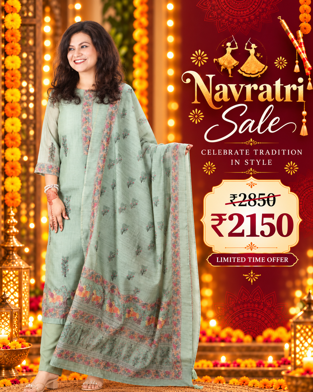 Kavish Fern Green Printed Hem with Kantha Work Detailing Chanderi 3 Piece Set
