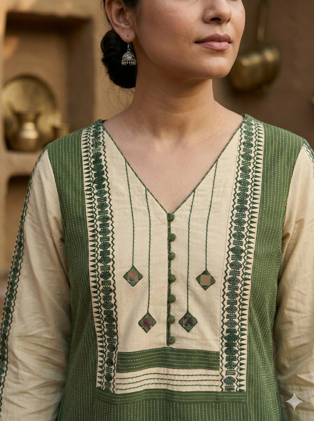 Saundraya Forest Green Mirror with Potli Button Work Yoke Running Stitch Cotton Kurti