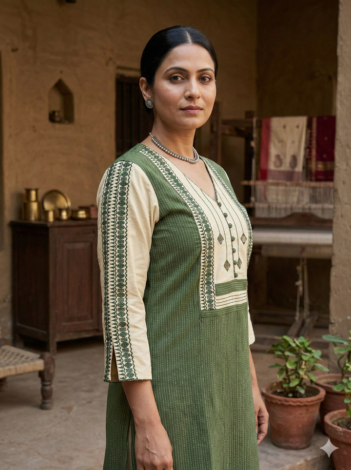 Saundraya Forest Green Mirror with Potli Button Work Yoke Running Stitch Cotton Kurti