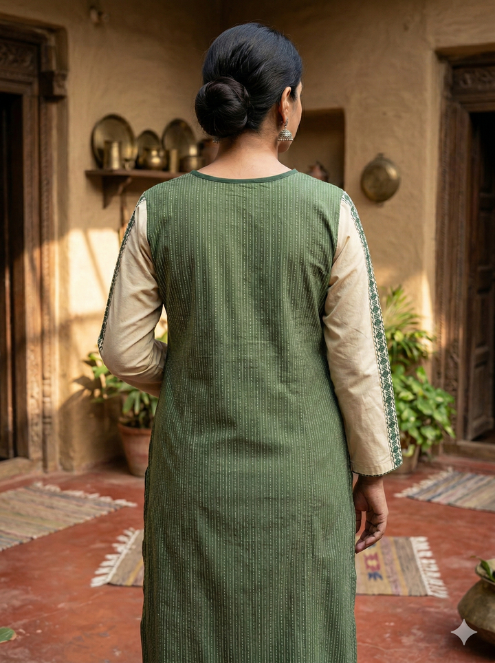 Saundraya Forest Green Mirror with Potli Button Work Yoke Running Stitch Cotton Kurti