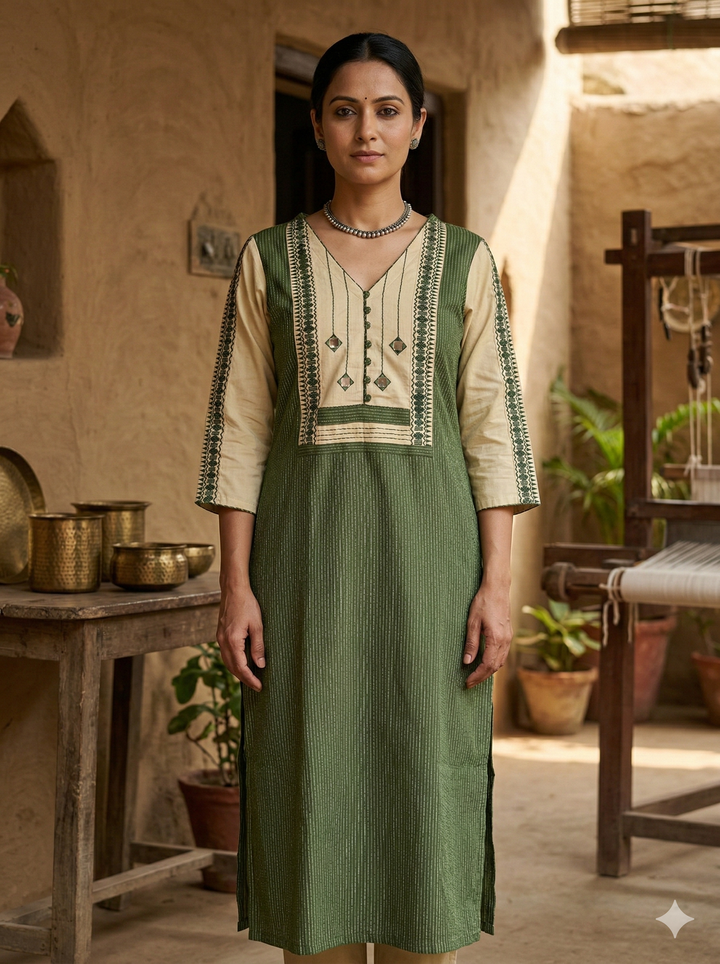 Saundraya Forest Green Mirror with Potli Button Work Yoke Running Stitch Cotton Kurti