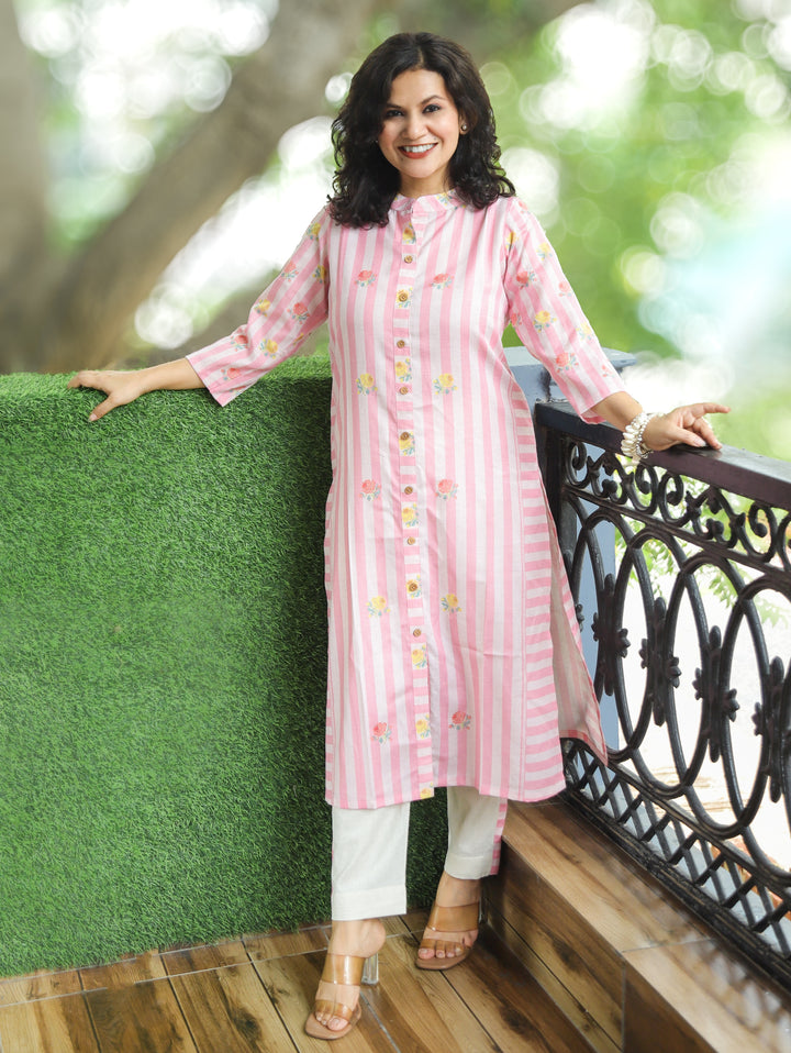 Meeravi Pink White Stripe Print Cotton Linen Co-ord Set
