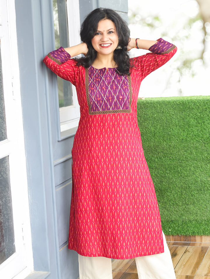 Kesariya Rani Pink with Purple Yoke with Mirror Work Ikkat Printed Cotton Kurti