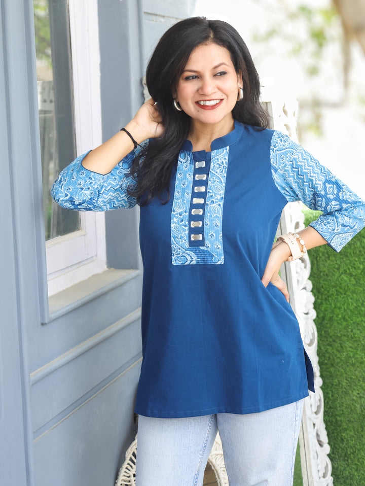 Urvi Cerulean Blue Ajrakh Cotton Short Kurti