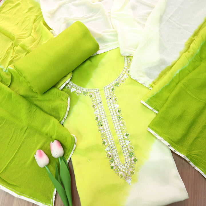 Mehran Neon Green Embellished Neck Leheriya Crepe Set