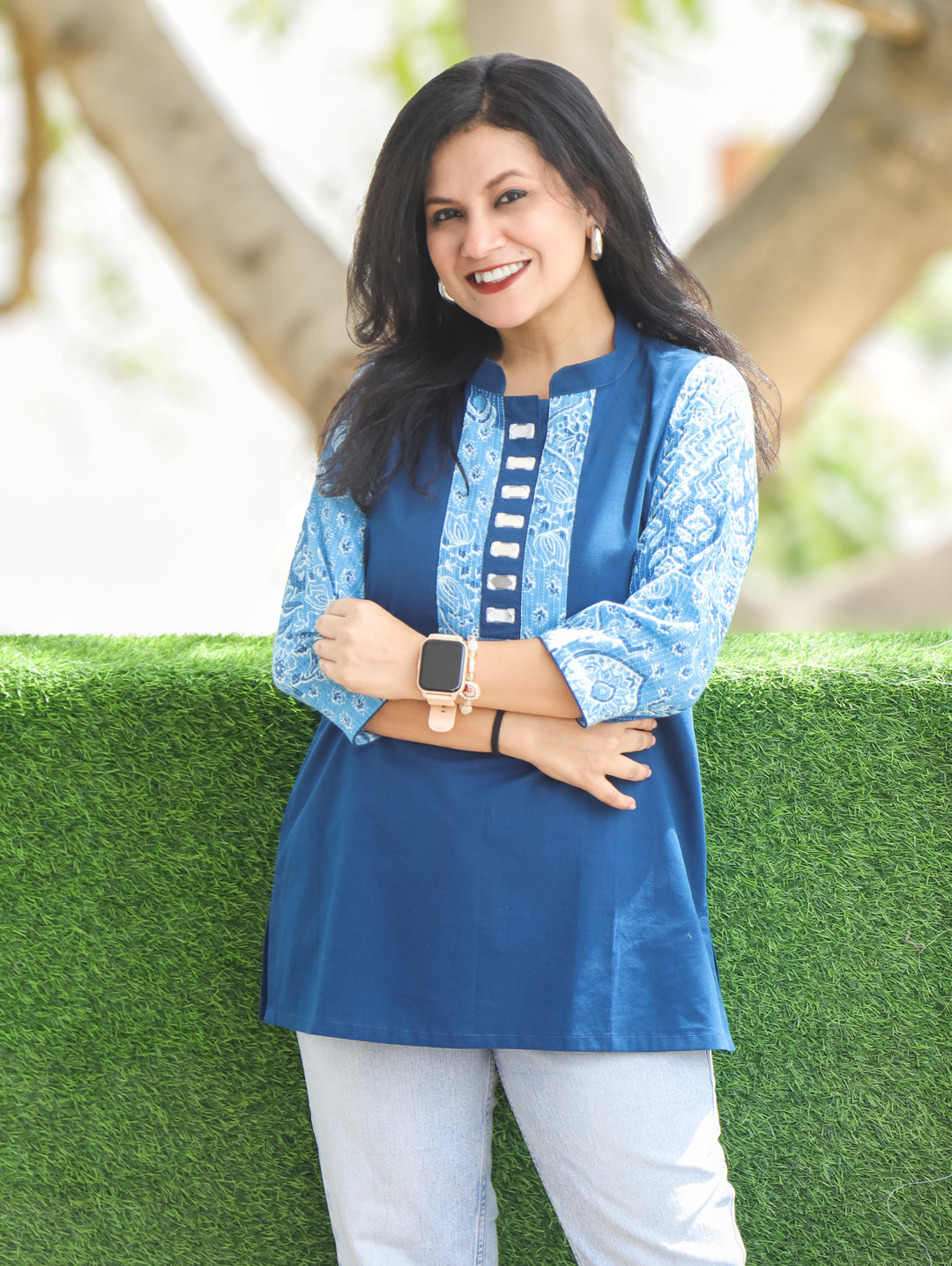 Urvi Cerulean Blue Ajrakh Cotton Short Kurti