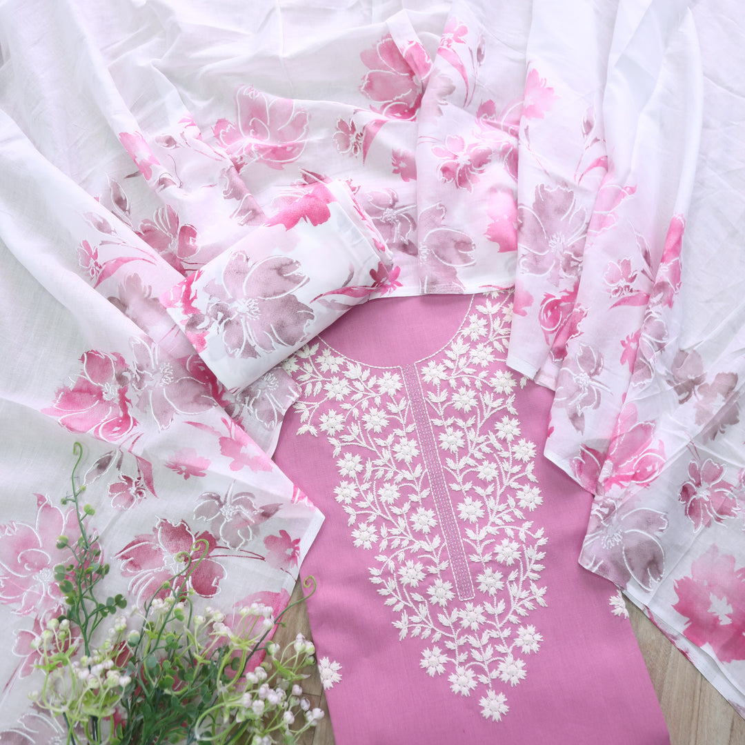 Rubiya Plum Lavender Inspired Chikankari Work Neck Cotton Suit Set