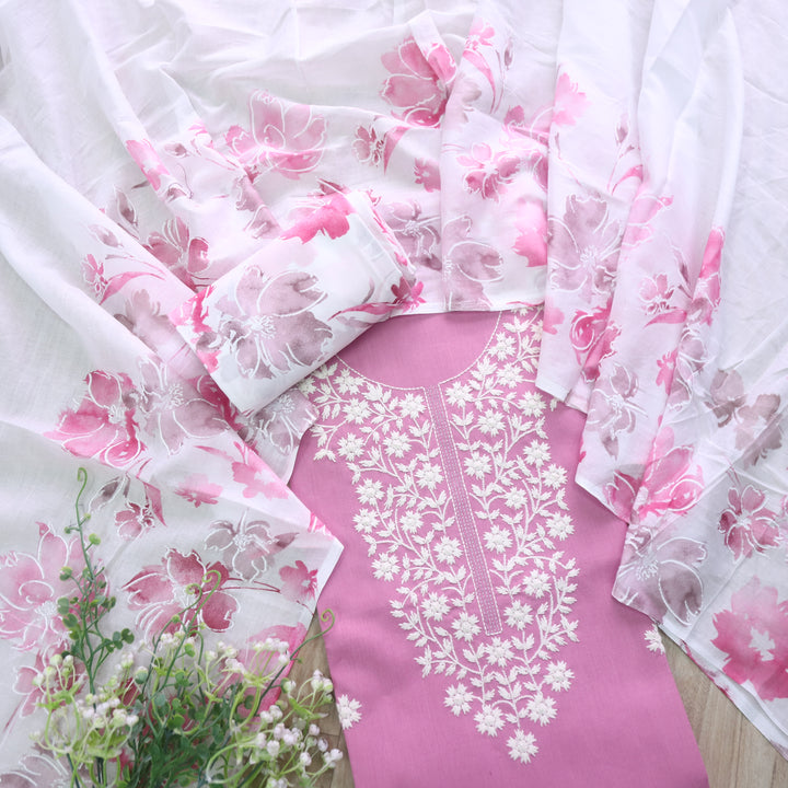 Rubiya Plum Lavender Inspired Chikankari Work Neck Cotton Suit Set