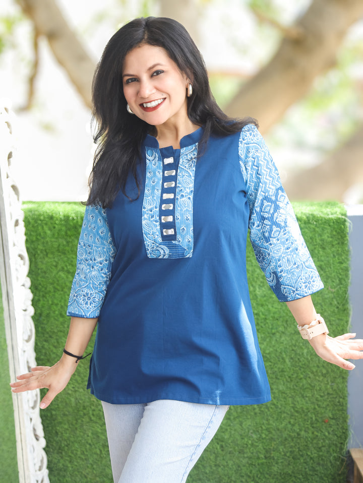 Urvi Cerulean Blue Ajrakh Cotton Short Kurti