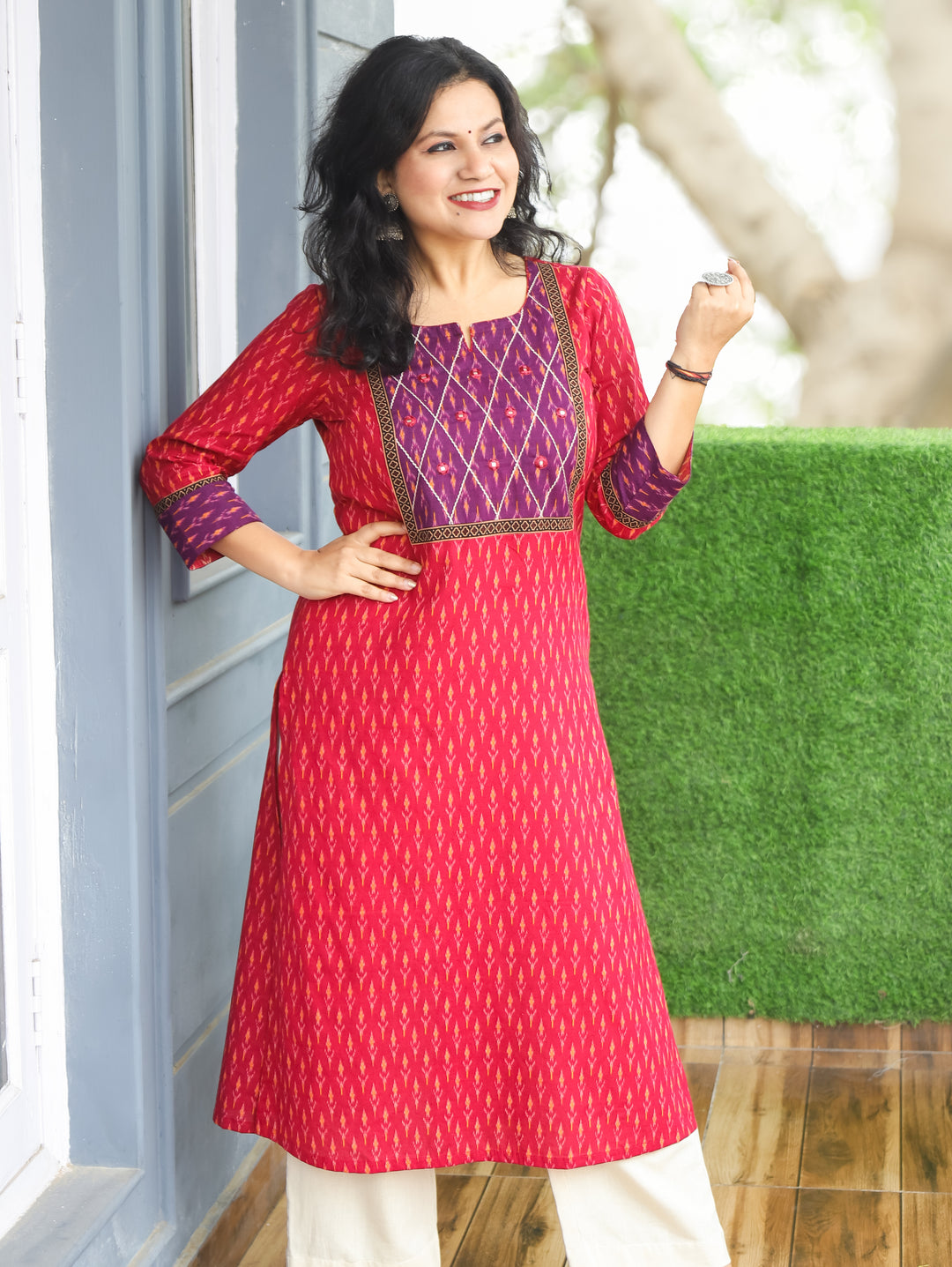 Kesariya Rani Pink with Purple Yoke with Mirror Work Ikkat Printed Cotton Kurti