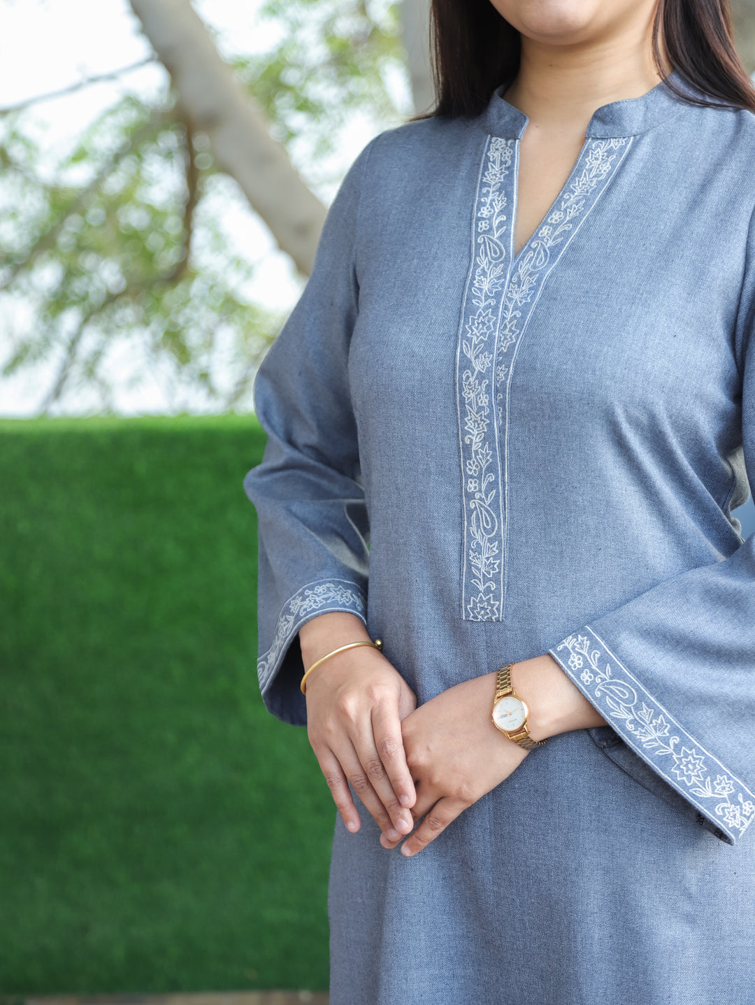 Reenaya Stone Grey Ban Collar with Floral Embroidered Patch Fleece Winter Kurti