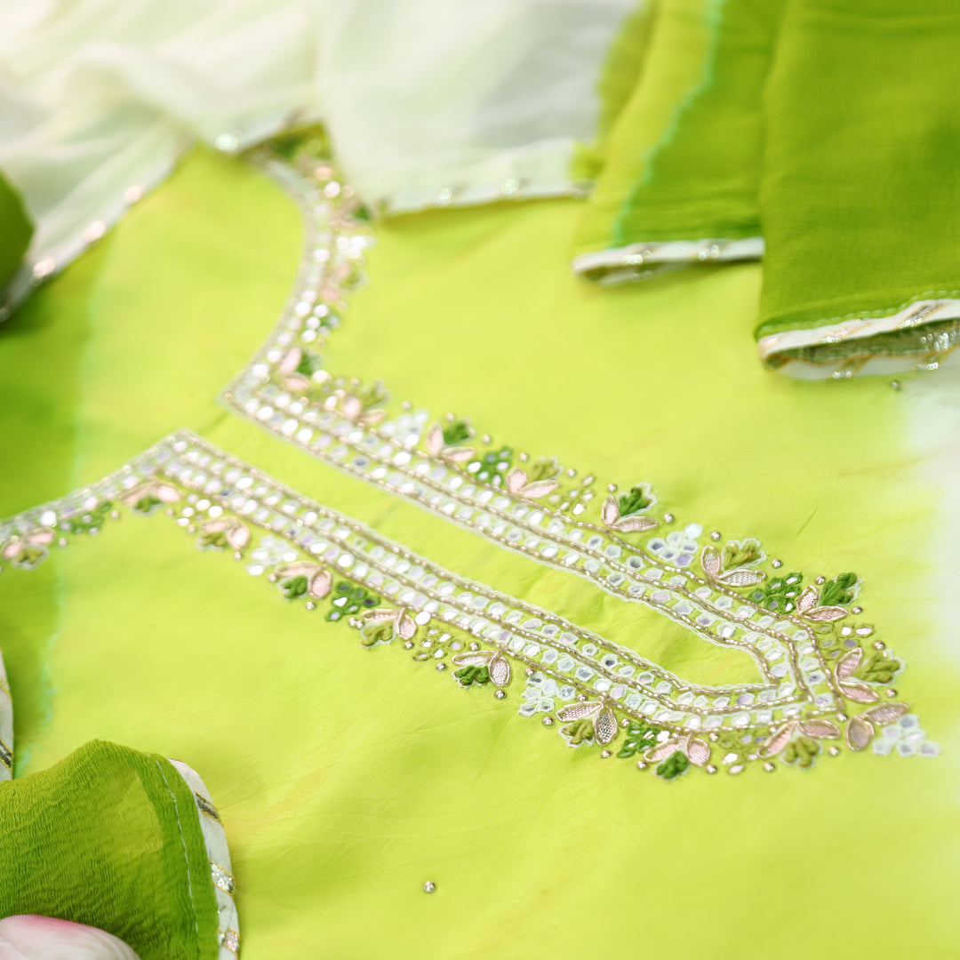 Mehran Neon Green Embellished Neck Leheriya Crepe Set