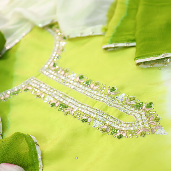 Mehran Neon Green Embellished Neck Leheriya Crepe Set