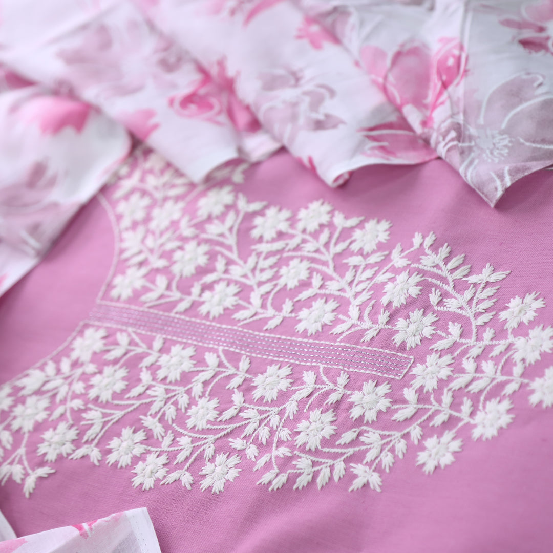 Rubiya Plum Lavender Inspired Chikankari Work Neck Cotton Suit Set