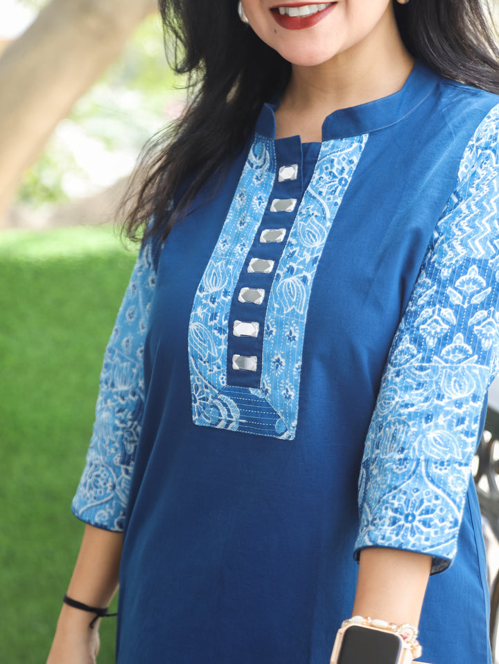 Urvi Cerulean Blue Ajrakh Cotton Short Kurti