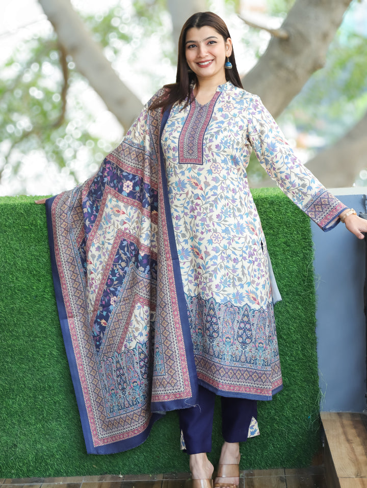 Nayaana White with Blue Kanni Print Ban Collar Style Semi Pashmina 3 Piece Set