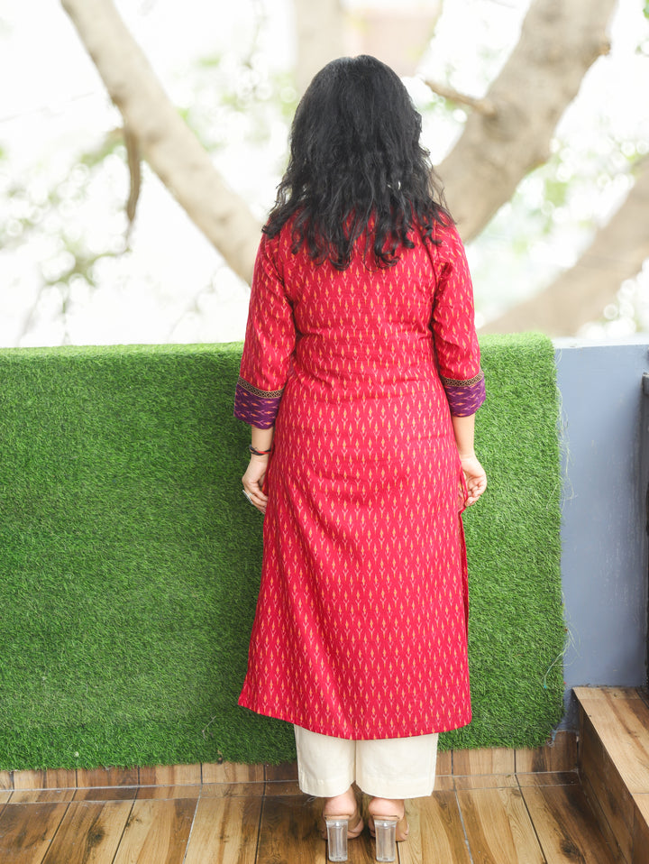 Kesariya Rani Pink with Purple Yoke with Mirror Work Ikkat Printed Cotton Kurti