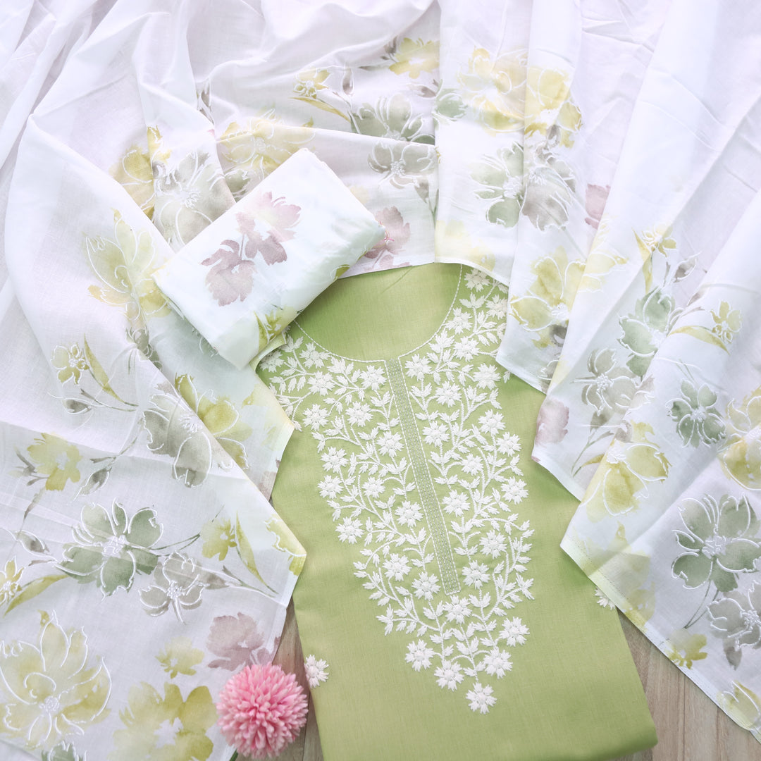 Rubiya Parrot Green Inspired Chikankari Work Neck Cotton Suit Set