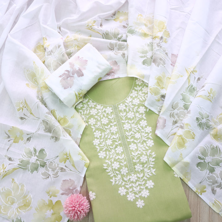 Rubiya Parrot Green Inspired Chikankari Work Neck Cotton Suit Set