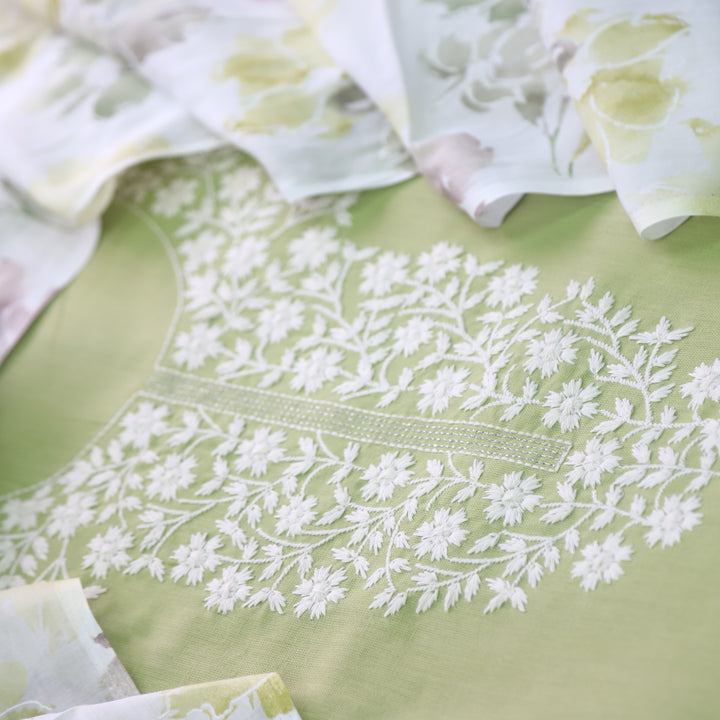 Rubiya Parrot Green Inspired Chikankari Work Neck Cotton Suit Set