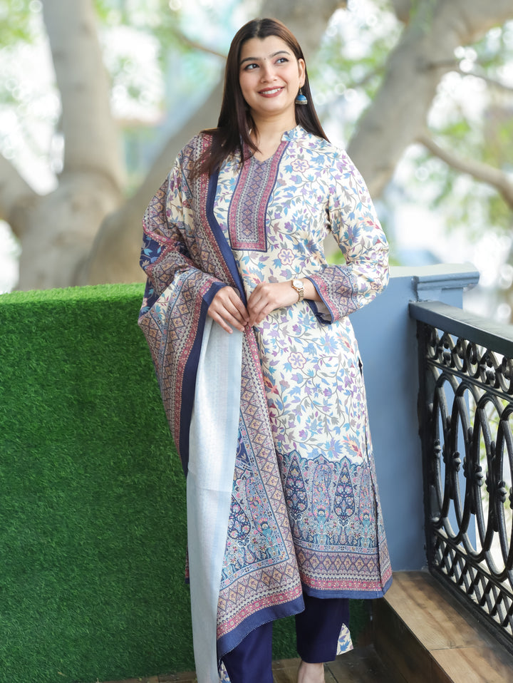 Nayaana White with Blue Kanni Print Ban Collar Style Semi Pashmina 3 Piece Set