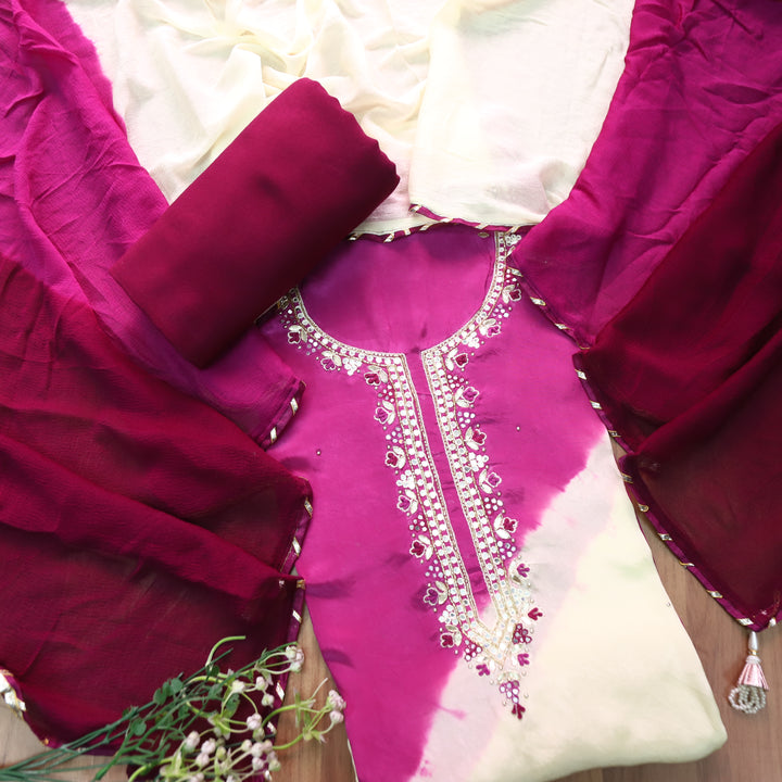 Mehran Jamuni Purple Embellished Neck Leheriya Crepe Set