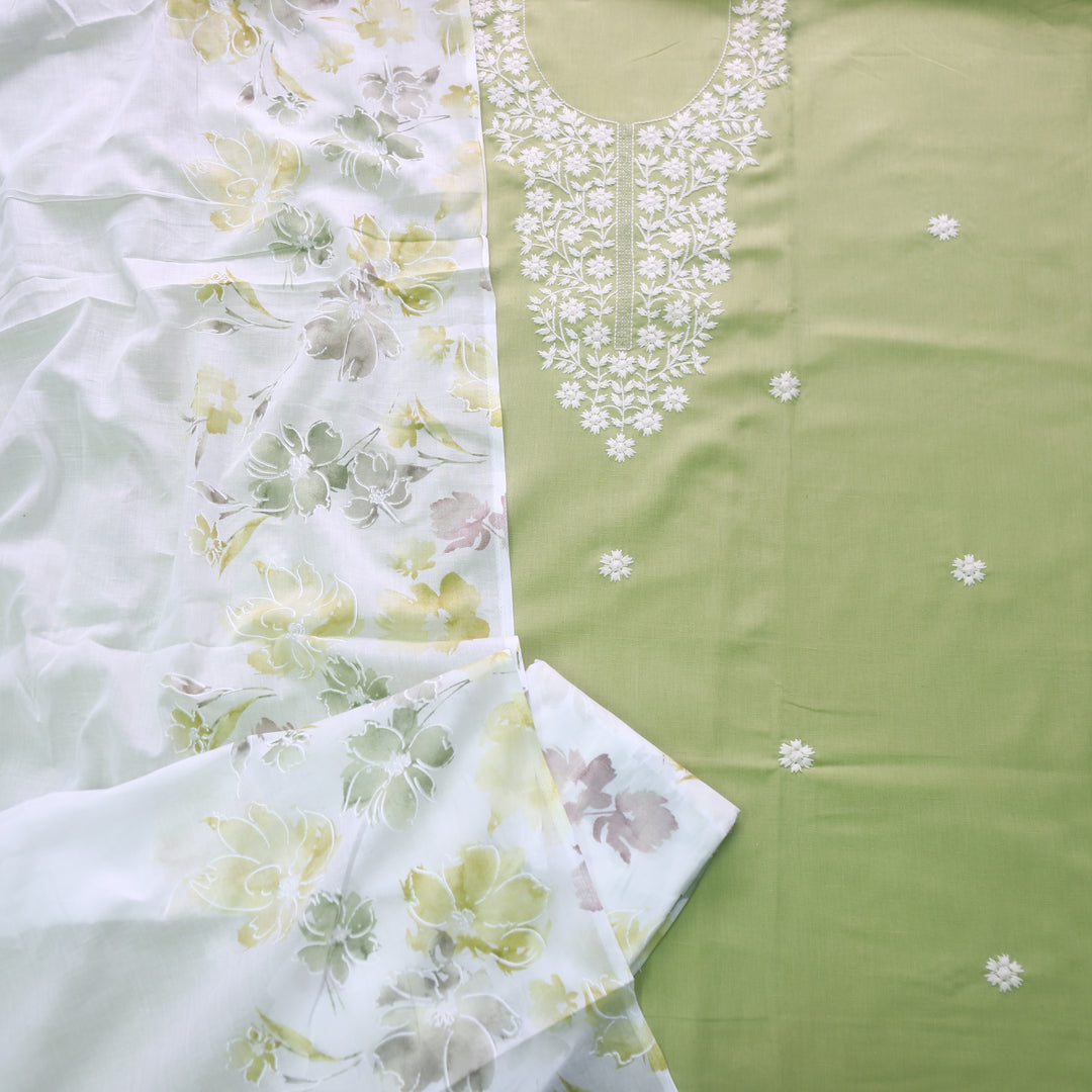 Rubiya Parrot Green Inspired Chikankari Work Neck Cotton Suit Set