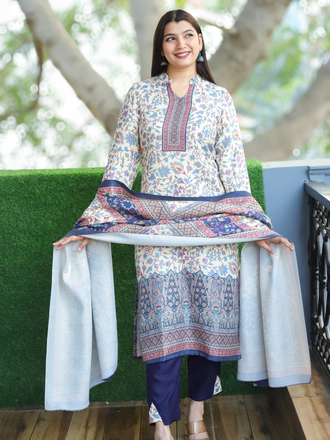 Nayaana White with Blue Kanni Print Ban Collar Style Semi Pashmina 3 Piece Set