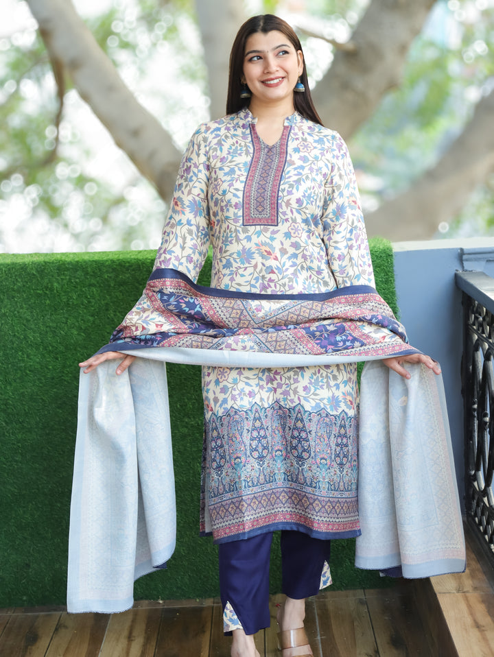 Nayaana White with Blue Kanni Print Ban Collar Style Semi Pashmina 3 Piece Set