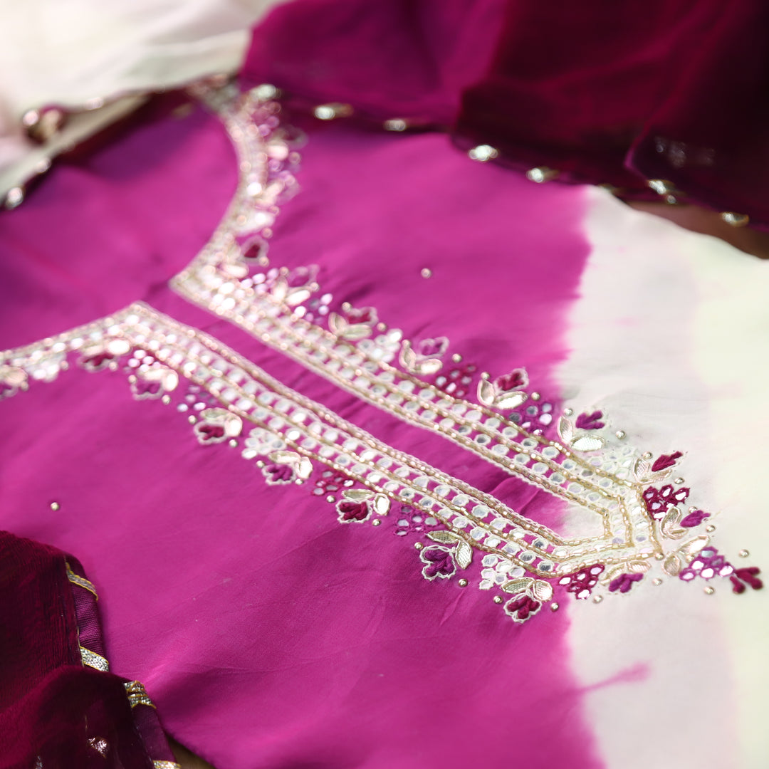 Mehran Jamuni Purple Embellished Neck Leheriya Crepe Set