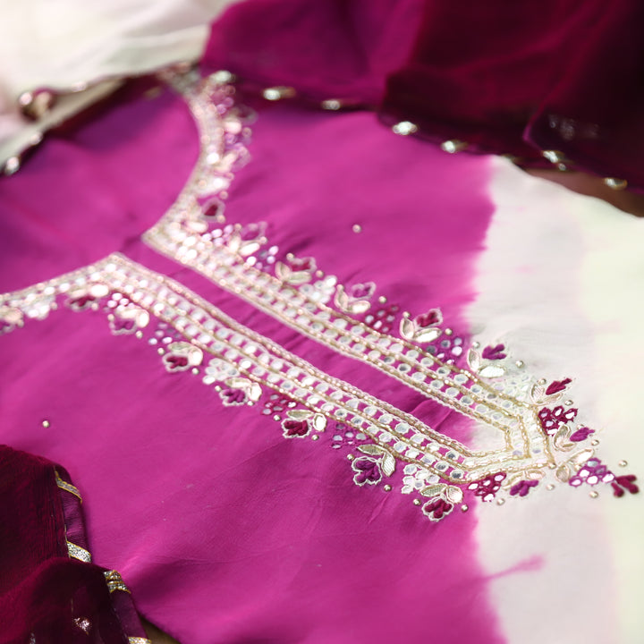 Mehran Jamuni Purple Embellished Neck Leheriya Crepe Set