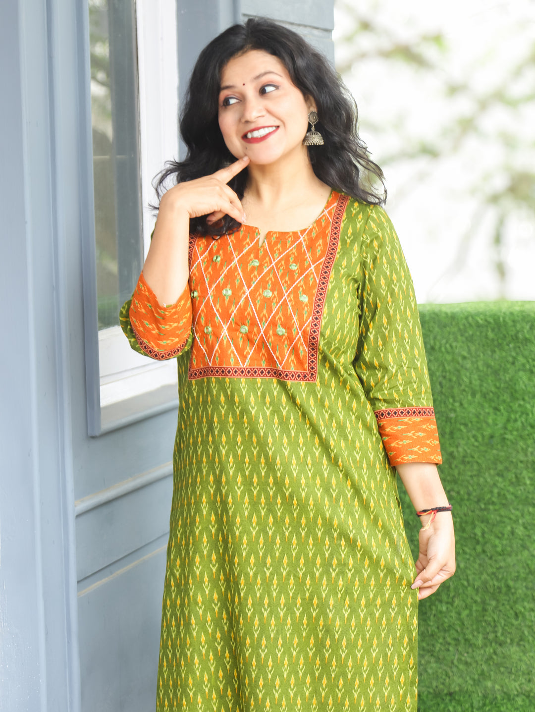 Kesariya Green with Orange Yoke with Mirror Work Ikkat Printed Cotton Kurti