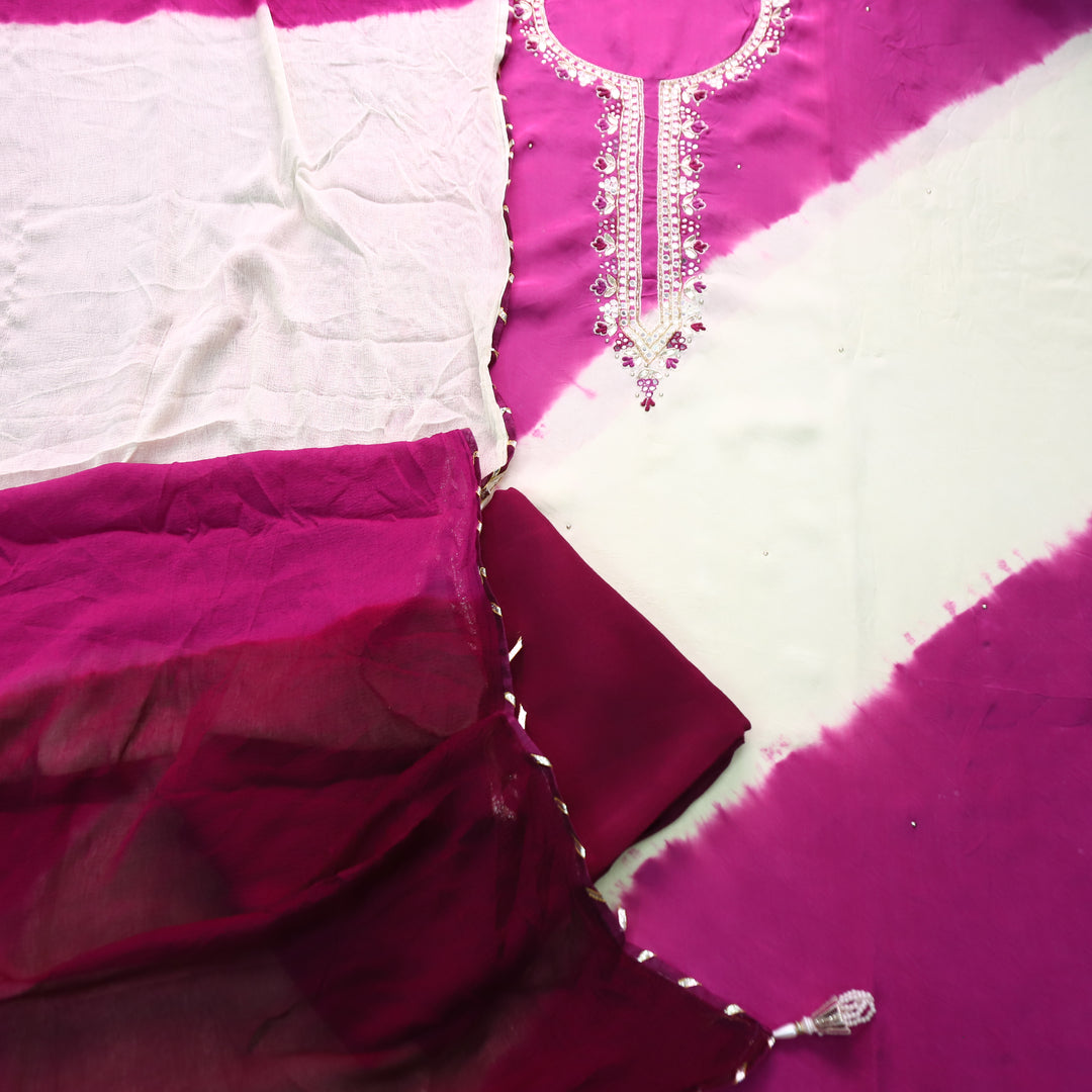 Mehran Jamuni Purple Embellished Neck Leheriya Crepe Set