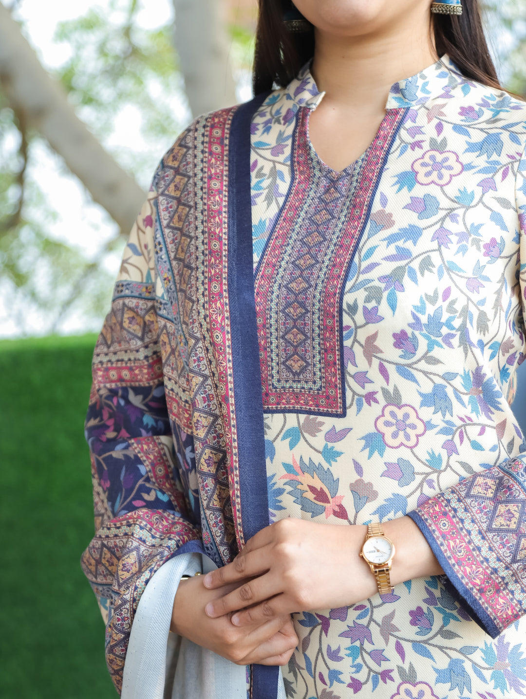 Nayaana White with Blue Kanni Print Ban Collar Style Semi Pashmina 3 Piece Set