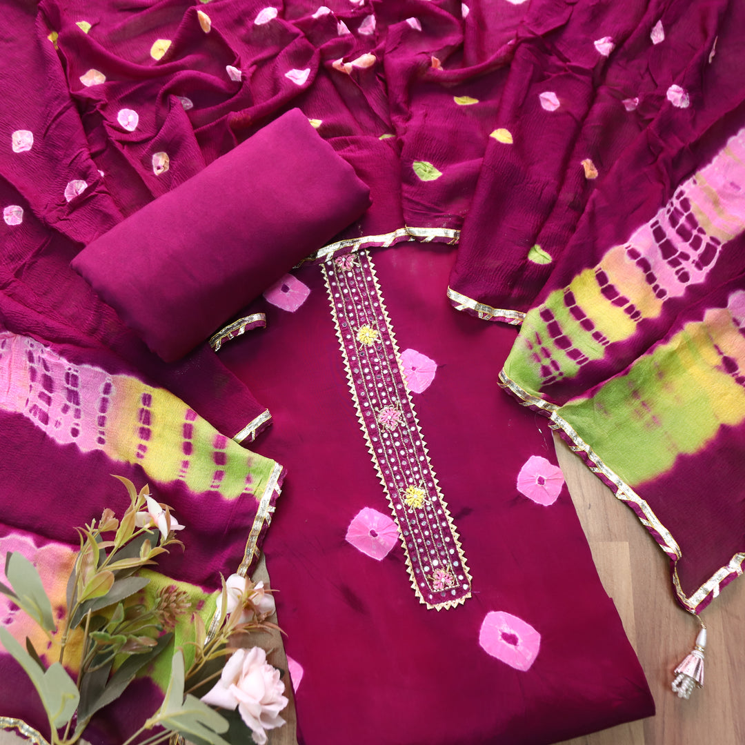 Mehran Violet Purple Patra Work Patch Bandhej Work Crepe Set
