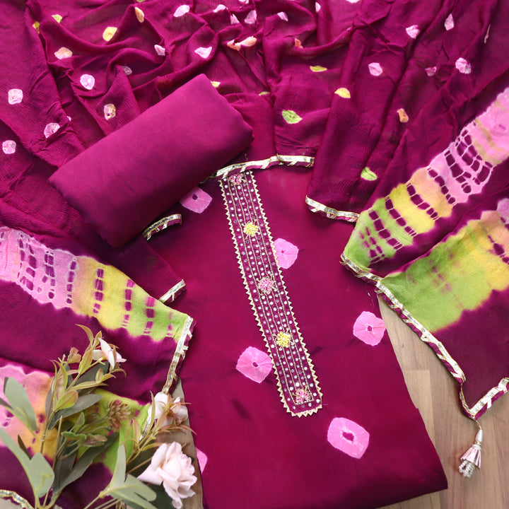 Mehran Violet Purple Patra Work Patch Bandhej Work Crepe Set