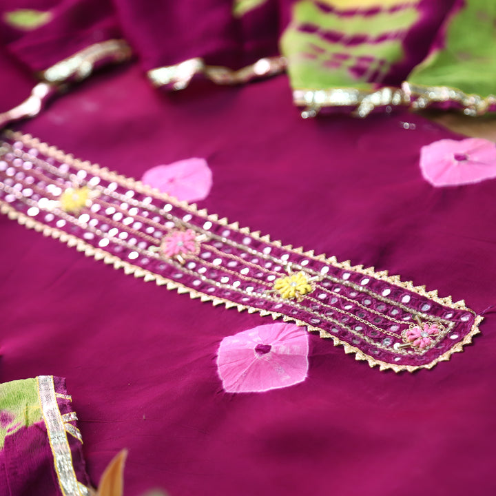 Mehran Violet Purple Patra Work Patch Bandhej Work Crepe Set