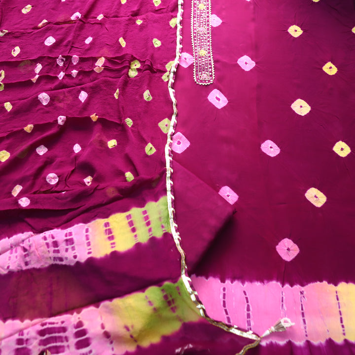 Mehran Violet Purple Patra Work Patch Bandhej Work Crepe Set
