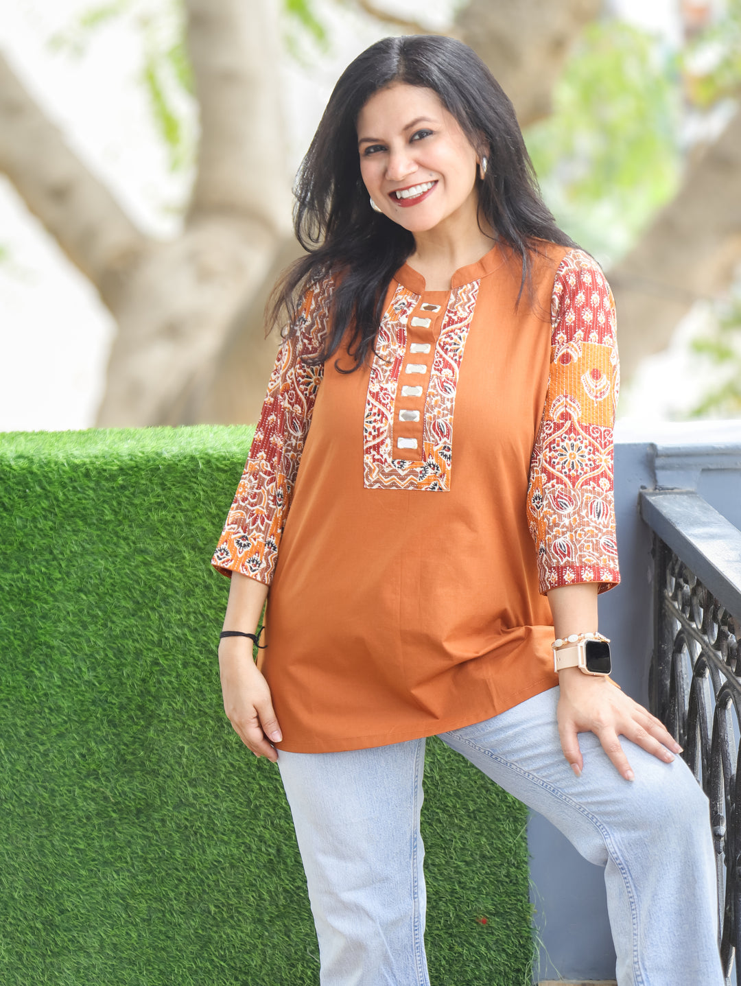 Urvi Tangerine Rust Ajrakh Cotton Short Kurti