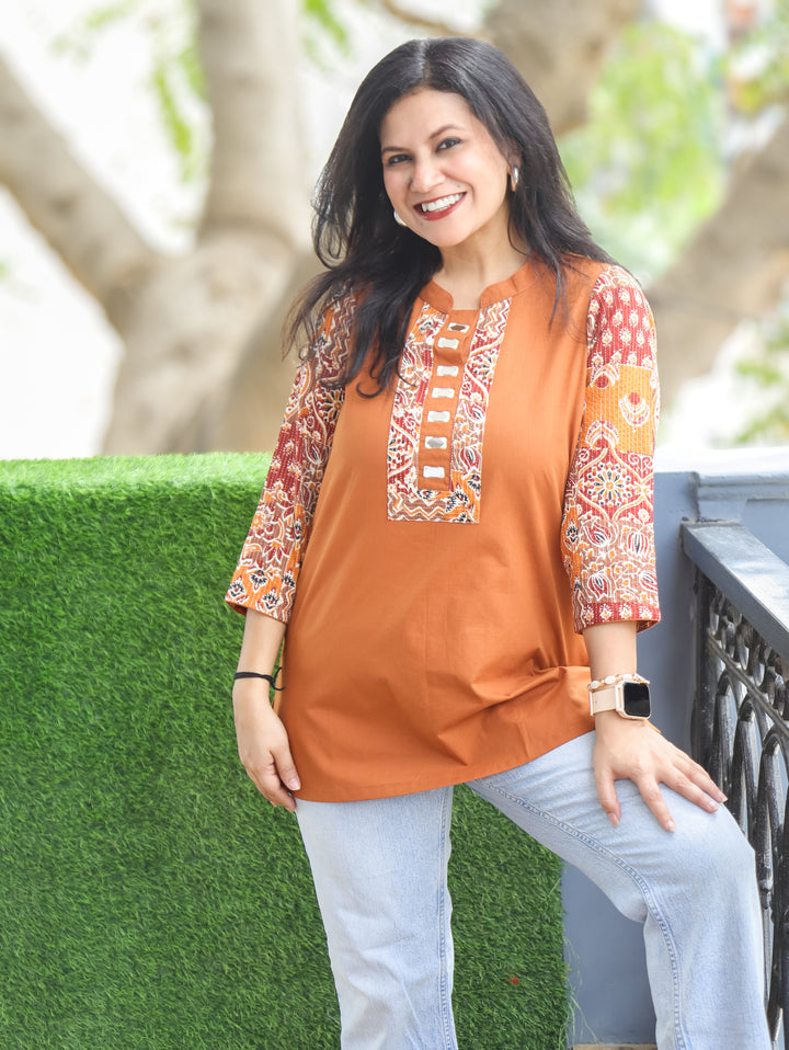 Urvi Tangerine Rust Ajrakh Cotton Short Kurti