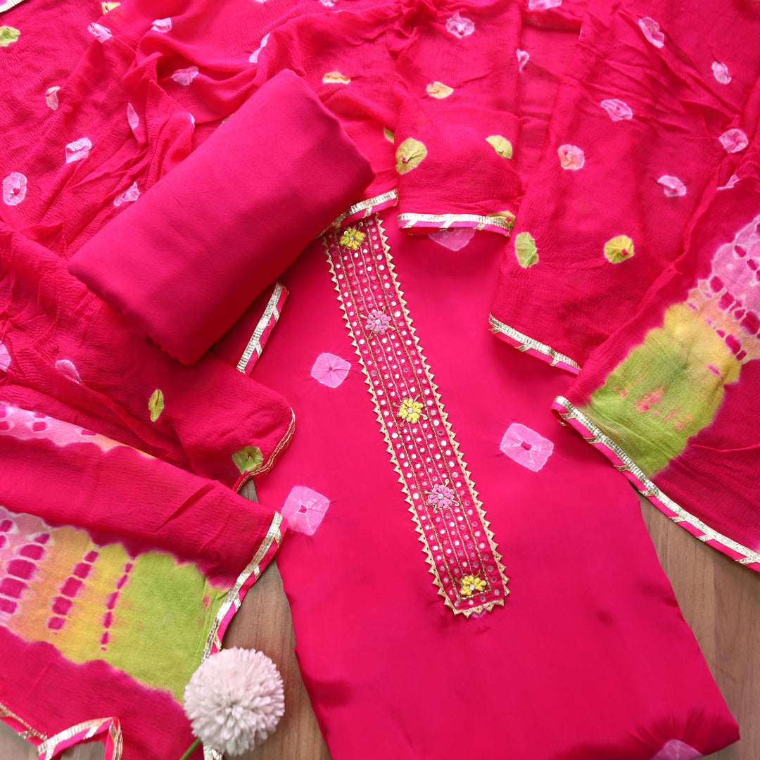 Mehran Rani Pink Patra Work Patch Bandhej Work Crepe Set