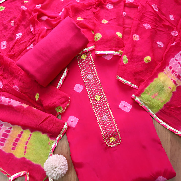Mehran Rani Pink Patra Work Patch Bandhej Work Crepe Set