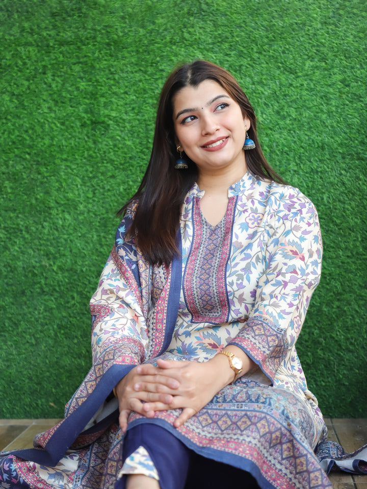 Nayaana White with Blue Kanni Print Ban Collar Style Semi Pashmina 3 Piece Set