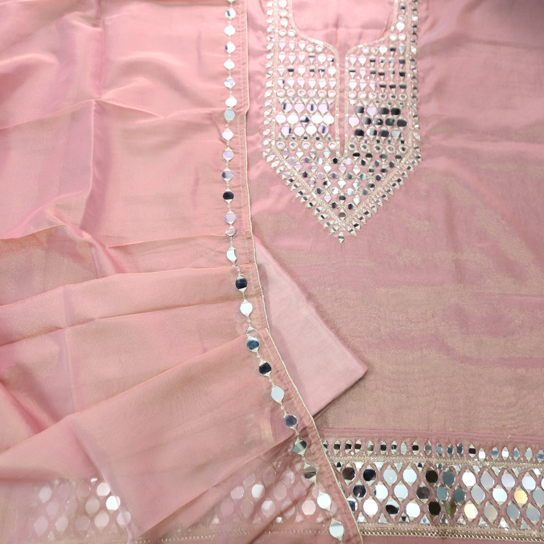 Nandini Softy Pink Zari with Mirror Work Shimmer Tissue Linen Set