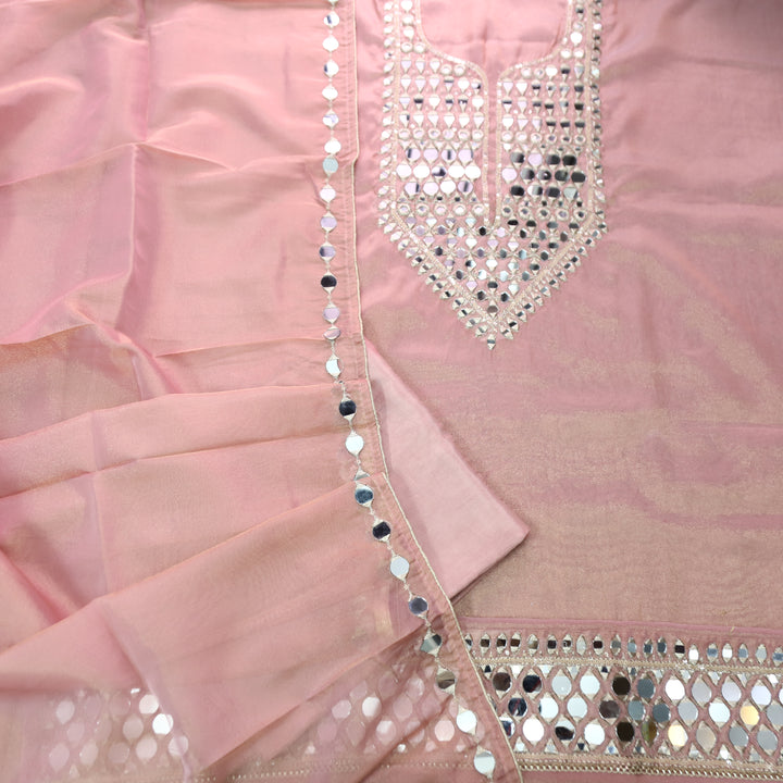 Nandini Softy Pink Zari with Mirror Work Shimmer Tissue Linen Set
