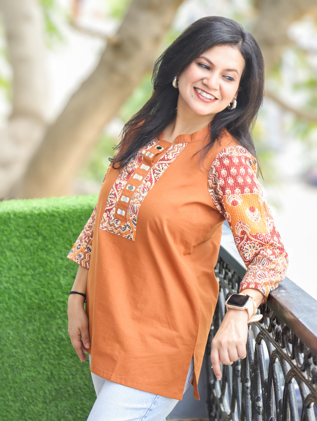 Urvi Tangerine Rust Ajrakh Cotton Short Kurti